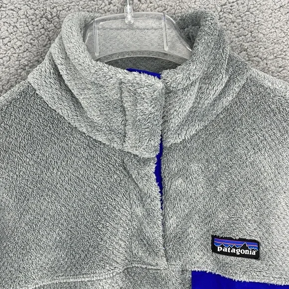 Patagonia gray & blue lined women’s fleece jacket pullover large kangaroo pocket - Picture 2 of 9